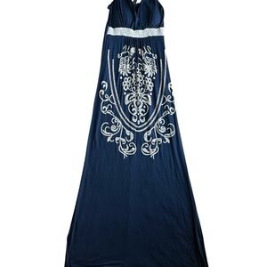 Rue 21 Women’s Size S Elegant Print Navy Blue Maxi Summer‎ V Neck Lace Dress